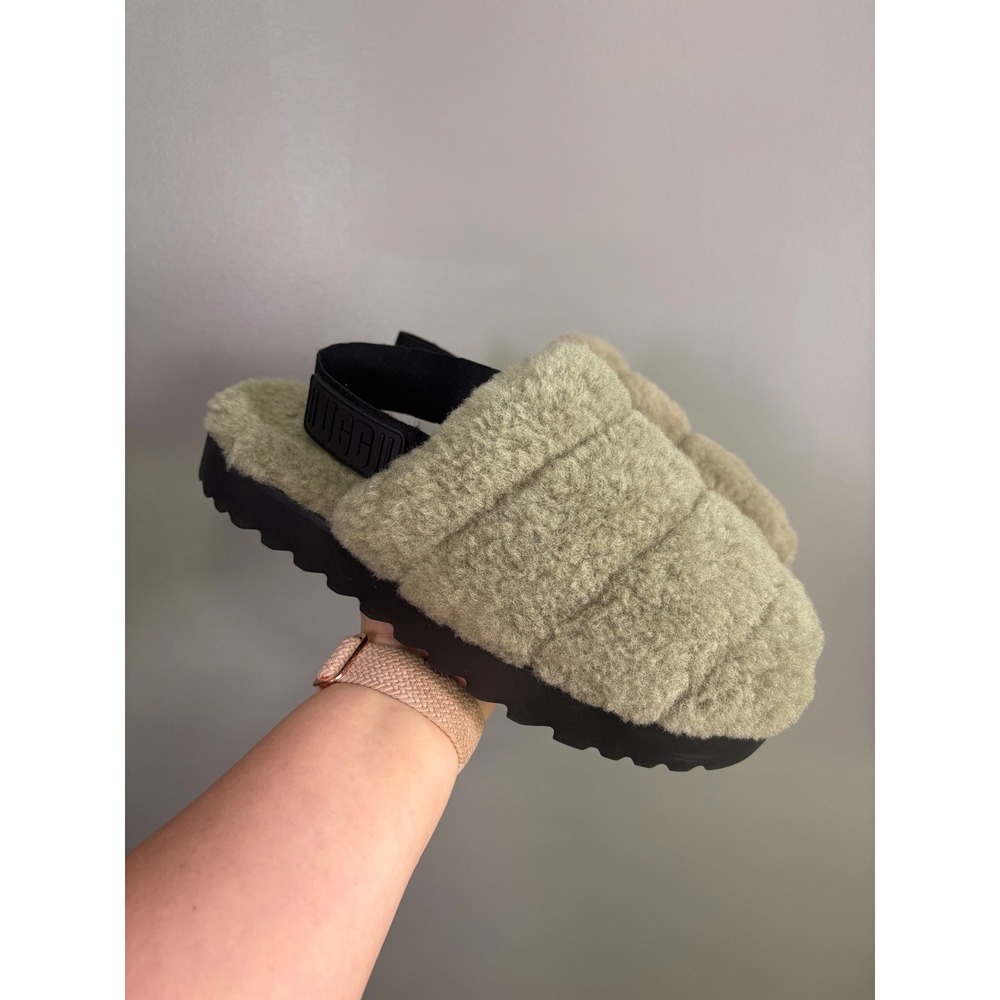 UGG Super Fluff Slipper Womens 8 Burnt Olive Platform Slingback Shearling Fuzzy